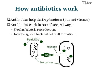 How antibiotics work
Antibiotics help destroy bacteria (but not viruses).
Antibiotics work in one of several ways:
– Slowing bacteria reproduction.
– Interfering with bacterial cell wall formation.
 