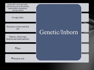 •Stomach acid
•Skin
•Mucus, which traps
bacteria and small particles
•Enzymes in tears and skin
oils
•Cough reflex
To the HIV virus and sickle-
cell trait persons to the parasite
(plasmodium falciparum)
causing malaria
Genetic/Inborn
 