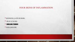 FOUR SIGNS OF INFLAMMATION
• REDNESS (LATIN RUBOR)
• HEAT (CALOR)
• SWELLING (TUMOR)
• PAIN (DOLOR)
 