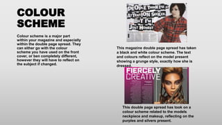COLOUR
SCHEME
Colour scheme is a major part
within your magazine and especially
within the double page spread. They
can ei...