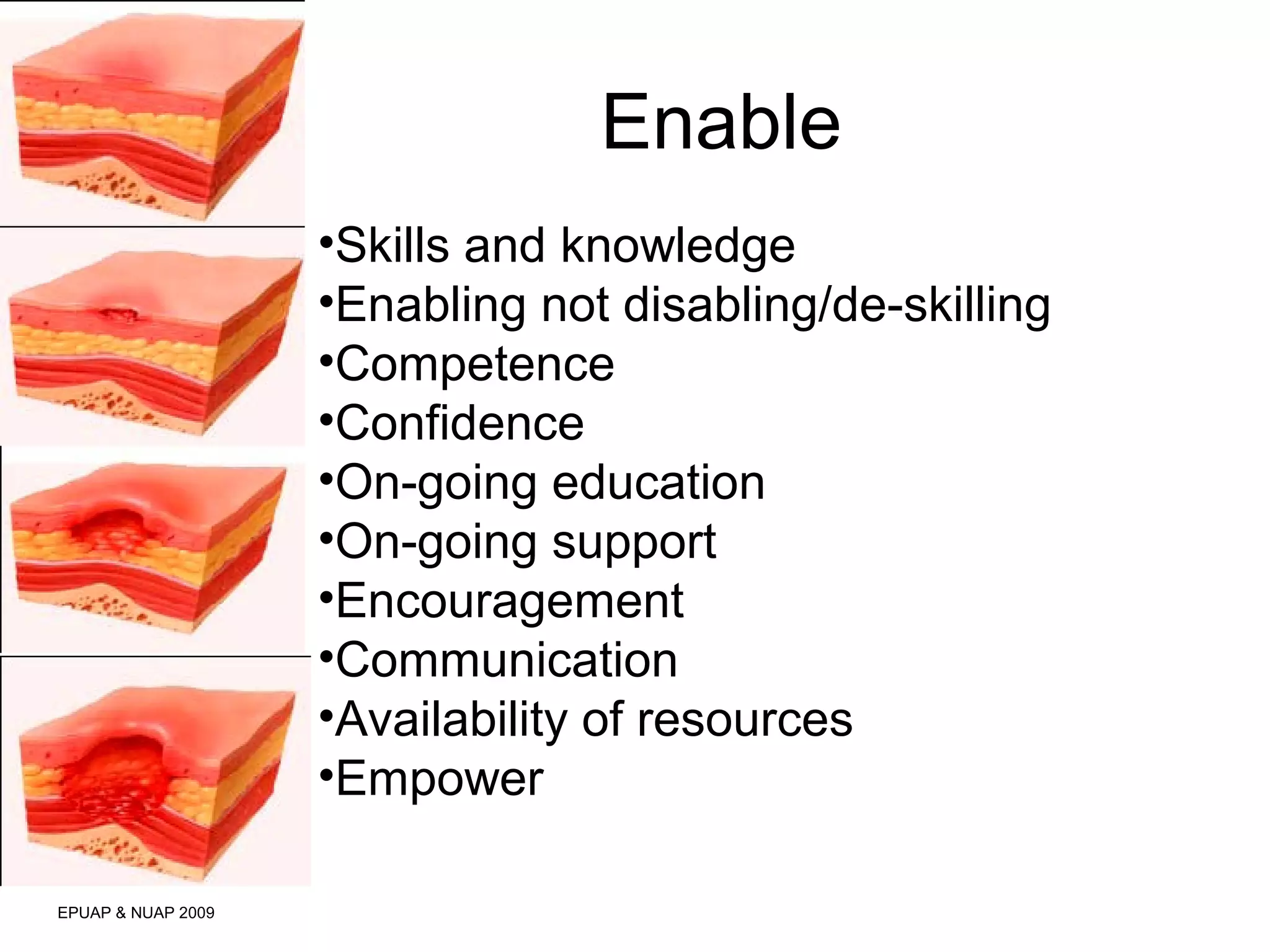 Enable 
EPUAP & NUAP 2009 
•Skills and knowledge 
•Enabling not disabling/de-skilling 
•Competence 
•Confidence 
•On-going education 
•On-going support 
•Encouragement 
•Communication 
•Availability of resources 
•Empower 
 