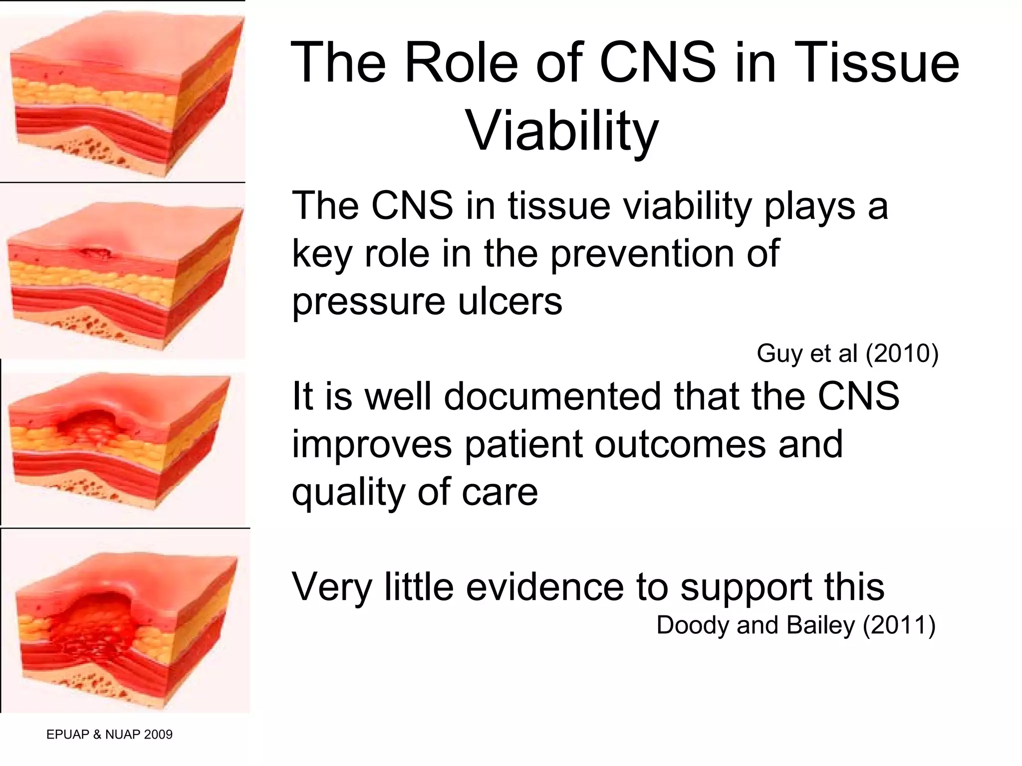 The Role of CNS in Tissue 
Viability 
EPUAP & NUAP 2009 
The CNS in tissue viability plays a 
key role in the prevention of 
pressure ulcers 
Guy et al (2010) 
It is well documented that the CNS 
improves patient outcomes and 
quality of care 
Very little evidence to support this 
Doody and Bailey (2011) 
 