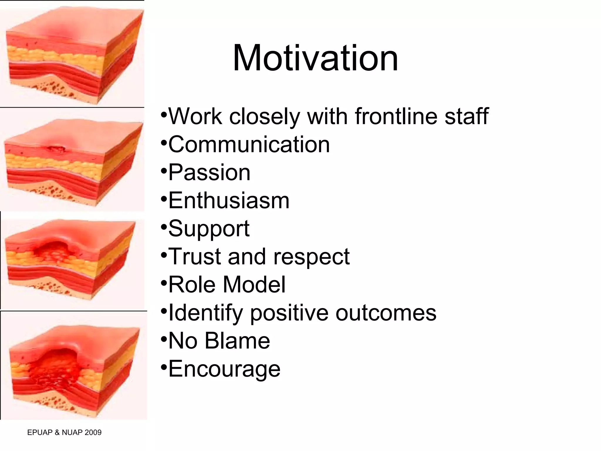 Motivation 
EPUAP & NUAP 2009 
•Work closely with frontline staff 
•Communication 
•Passion 
•Enthusiasm 
•Support 
•Trust and respect 
•Role Model 
•Identify positive outcomes 
•No Blame 
•Encourage 
 
