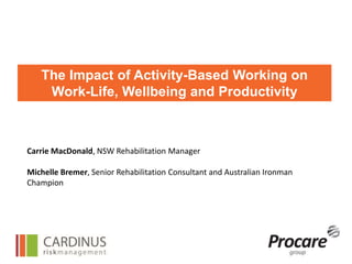 The Impact of Activity-Based Working on
Work-Life, Wellbeing and Productivity
Carrie MacDonald, NSW Rehabilitation Manager
Michelle Bremer, Senior Rehabilitation Consultant and Australian Ironman
Champion
 