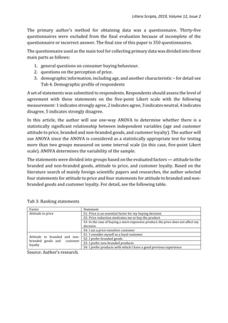 Littera Scripta, 2019, Volume 12, Issue 2
The primary author's method for obtaining data was a questionnaire. Thirty-five
questionnaires were excluded from the final evaluation because of incomplete of the
questionnaire or incorrect answer. The final size of this paper is 350 questionnaires.
The questionnaire used as the main tool for collecting primary data was divided into three
main parts as follows:
1. general questions on consumer buying behaviour.
2. questions on the perception of price.
3. demographic information, including age, and another characteristic – for detail see
Tab 4. Demographic profile of respondents
A set of statements was submitted to respondents. Respondents should assess the level of
agreement with these statements on the five-point Likert scale with the following
measurement: 1 indicates strongly agree, 2 indicates agree, 3 indicates neutral, 4 indicates
disagree, 5 indicates strongly disagree.
In this article, the author will use one-way ANOVA to determine whether there is a
statistically significant relationship between independent variables (age and customer
attitude to price, branded and non-branded goods, and customer loyalty). The author will
use ANOVA since the ANOVA is considered as a statistically appropriate test for testing
more than two groups measured on some interval scale (in this case, five-point Likert
scale). ANOVA determines the variability of the sample.
The statements were divided into groups based on the evaluated factors — attitude to the
branded and non-branded goods, attitude to price, and customer loyalty. Based on the
literature search of mainly foreign scientific papers and researches, the author selected
four statements for attitude to price and four statements for attitude to branded and non-
branded goods and customer loyalty. For detail, see the following table.
Tab 3: Ranking statements
Factor Statement
Attitude to price S1: Price is an essential factor for my buying decision
S2: Price reduction motivates me to buy the product
S3: In the case of buying a more expensive product, the price does not affect my
decision
S4: I am a price-sensitive customer
Attitude to branded and non-
branded goods and customer
loyalty
S1: I consider myself as a loyal customer
S2: I prefer branded goods
S3: I prefer non-branded products
S4: I prefer products with which I have a good previous experience
Source: Author’s research.
 