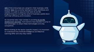 42% of the enterprises are using AI in their business, while
another 40% are currently testing AI in their workflows and
models. It is safe to assume that both AI and ML
programming are turning the world of business upside down
with their efficiency and innovation.
As industries take major strides in providing AI and ML
development services, more sectors have decided to jump on
the bandwagon to adopt these technologies and stay
competitive.
Before looking at the sector-specific impact, it is important
to understand how Artificial Intelligence and Machine
Learning differ and why they matter.
 