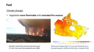 Fuel
Climate change:
• Vegetation more flammable with extended fire seasons
Observed changes (deg. C) in annual temperature in
Canada between 1948 and 2016 (Gov. Canada 2019)
Canada’s vast forest area burned every year
(~3 mill. ha) more than doubled since 1960
 