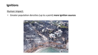 Ignitions
Human impact:
• Greater population densities (up to a point) more ignition sources
Greece 2018
Mati - 102 deaths
 