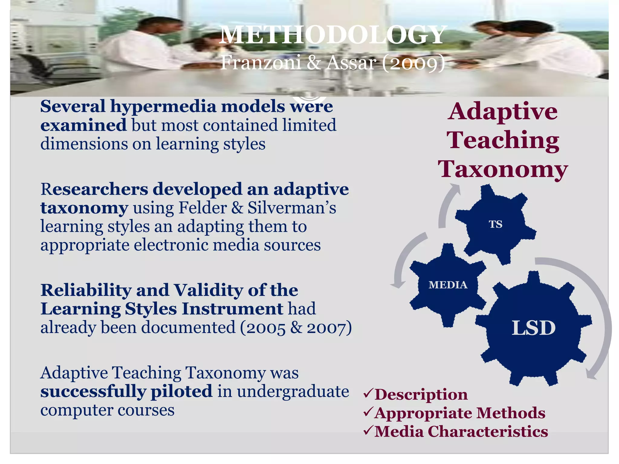 METHODOLOGY
                     Franzoni & Assar (2009)

Several hypermedia models were                   Adaptive
examined but most contained limited
dimensions on learning styles                    Teaching
                                                Taxonomy
Researchers developed an adaptive
taxonomy using Felder & Silverman’s
learning styles an adapting them to                    TS

appropriate electronic media sources

                                               MEDIA
Reliability and Validity of the
Learning Styles Instrument had
already been documented (2005 & 2007)                       LSD

Adaptive Teaching Taxonomy was
successfully piloted in undergraduate Description
computer courses                      Appropriate Methods
                                        Media Characteristics
 