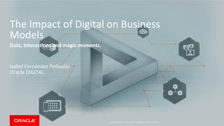 Copyright	
  ©	
  2015	
  Oracle	
  and/or	
  its	
  aﬃliates.	
  All	
  rights	
  reserved.	
  	
  	
  
The	
  Impact	
  of	
  Digital	
  on	
  Business	
  
Models	
  
Data,	
  Interac+ons	
  and	
  magic	
  moments.	
  
Isabel	
  Fernández	
  Peñuelas	
  
Oracle	
  DIGITAL	
  
 