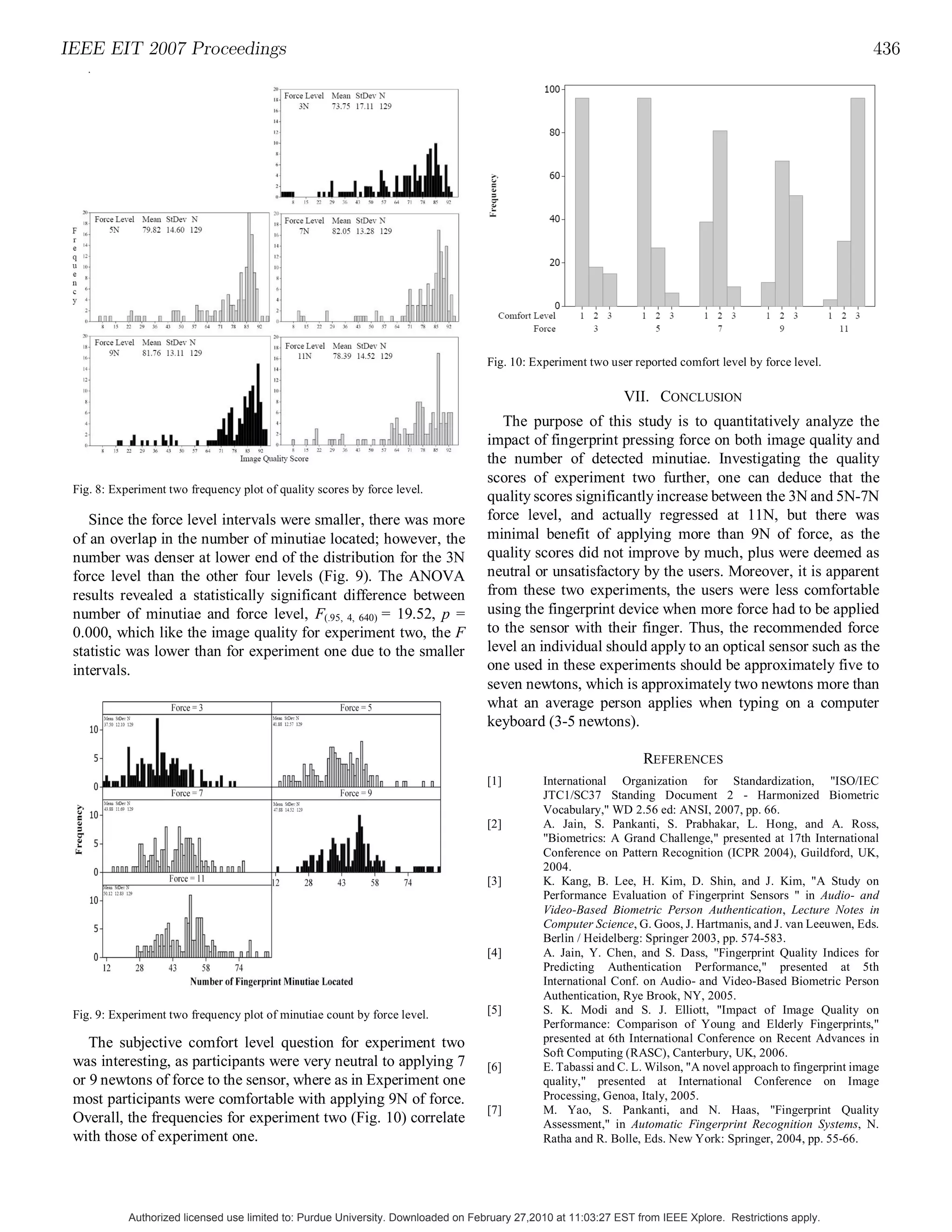 IEEE EIT 2007 Proceedings                                                                                                                                       436
    .




                                                                                    Fig. 10: Experiment two user reported comfort level by force level.

                                                                                                               VII. CONCLUSION
                                                                                       The purpose of this study is to quantitatively analyze the
                                                                                    impact of fingerprint pressing force on both image quality and
                                                                                    the number of detected minutiae. Investigating the quality
                                                                                    scores of experiment two further, one can deduce that the
 Fig. 8: Experiment two frequency plot of quality scores by force level.
                                                                                    quality scores significantly increase between the 3N and 5N-7N
    Since the force level intervals were smaller, there was more                    force level, and actually regressed at 11N, but there was
 of an overlap in the number of minutiae located; however, the                      minimal benefit of applying more than 9N of force, as the
 number was denser at lower end of the distribution for the 3N                      quality scores did not improve by much, plus were deemed as
 force level than the other four levels (Fig. 9). The ANOVA                         neutral or unsatisfactory by the users. Moreover, it is apparent
 results revealed a statistically significant difference between                    from these two experiments, the users were less comfortable
 number of minutiae and force level, F(.95, 4, 640) = 19.52, p =                    using the fingerprint device when more force had to be applied
 0.000, which like the image quality for experiment two, the F                      to the sensor with their finger. Thus, the recommended force
 statistic was lower than for experiment one due to the smaller                     level an individual should apply to an optical sensor such as the
 intervals.                                                                         one used in these experiments should be approximately five to
                                                                                    seven newtons, which is approximately two newtons more than
                                                                                    what an average person applies when typing on a computer
                                                                                    keyboard (3-5 newtons).

                                                                                                                   REFERENCES
                                                                                    [1]        International Organization for Standardization, "ISO/IEC
                                                                                               JTC1/SC37 Standing Document 2 - Harmonized Biometric
                                                                                               Vocabulary," WD 2.56 ed: ANSI, 2007, pp. 66.
                                                                                    [2]        A. Jain, S. Pankanti, S. Prabhakar, L. Hong, and A. Ross,
                                                                                               "Biometrics: A Grand Challenge," presented at 17th International
                                                                                               Conference on Pattern Recognition (ICPR 2004), Guildford, UK,
                                                                                               2004.
                                                                                    [3]        K. Kang, B. Lee, H. Kim, D. Shin, and J. Kim, "A Study on
                                                                                               Performance Evaluation of Fingerprint Sensors " in Audio- and
                                                                                               Video-Based Biometric Person Authentication, Lecture Notes in
                                                                                               Computer Science, G. Goos, J. Hartmanis, and J. van Leeuwen, Eds.
                                                                                               Berlin / Heidelberg: Springer 2003, pp. 574-583.
                                                                                    [4]        A. Jain, Y. Chen, and S. Dass, "Fingerprint Quality Indices for
                                                                                               Predicting Authentication Performance," presented at 5th
                                                                                               International Conf. on Audio- and Video-Based Biometric Person
                                                                                               Authentication, Rye Brook, NY, 2005.
 Fig. 9: Experiment two frequency plot of minutiae count by force level.            [5]        S. K. Modi and S. J. Elliott, "Impact of Image Quality on
                                                                                               Performance: Comparison of Young and Elderly Fingerprints,"
    The subjective comfort level question for experiment two                                   presented at 6th International Conference on Recent Advances in
                                                                                               Soft Computing (RASC), Canterbury, UK, 2006.
 was interesting, as participants were very neutral to applying 7                   [6]        E. Tabassi and C. L. Wilson, "A novel approach to fingerprint image
 or 9 newtons of force to the sensor, where as in Experiment one                               quality," presented at International Conference on Image
 most participants were comfortable with applying 9N of force.                                 Processing, Genoa, Italy, 2005.
                                                                                    [7]        M. Yao, S. Pankanti, and N. Haas, "Fingerprint Quality
 Overall, the frequencies for experiment two (Fig. 10) correlate                               Assessment," in Automatic Fingerprint Recognition Systems, N.
 with those of experiment one.                                                                 Ratha and R. Bolle, Eds. New York: Springer, 2004, pp. 55-66.




            Authorized licensed use limited to: Purdue University. Downloaded on February 27,2010 at 11:03:27 EST from IEEE Xplore. Restrictions apply.
 