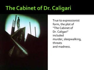 True to expressionist
form, the plot of
“The Cabinet of
Dr. Caligari”
included
murder, sleepwalking,
threats
and madness.
 