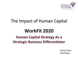 The	
  Impact	
  of	
  Human	
  Capital	
  
WorkFit	
  2020	
  	
  
Human	
  Capital	
  Strategy	
  As	
  a	
  
Strategic	
  Business	
  Diﬀeren=ator	
  
Joanne	
  Flynn	
  
Fred	
  Mapp	
  
 