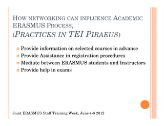 HOW NETWORKING CAN INFLUENCE ACADEMIC
ERASMUS PROCESS,
(PRACTICES IN                TEI PIRAEUS)
    Provide information on selected courses in advance
    Provide Assistance in registration procedures
    Mediate between ERASMUS students and Instructors
    Provide help in exams




Joint ERASMUS Staff Training Week, June 4-8 2012
 