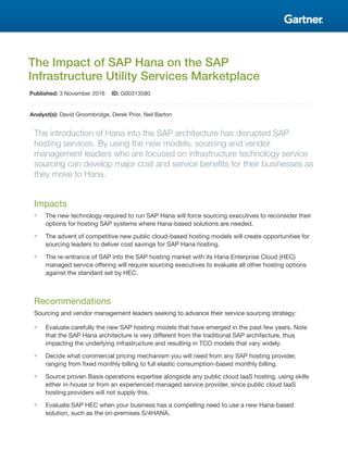 The Impact of SAP Hana on the SAP
Infrastructure Utility Services Marketplace
Published: 3 November 2016 ID: G00313580
Analyst(s): David Groombridge, Derek Prior, Neil Barton
The introduction of Hana into the SAP architecture has disrupted SAP
hosting services. By using the new models, sourcing and vendor
management leaders who are focused on infrastructure technology service
sourcing can develop major cost and service benefits for their businesses as
they move to Hana.
Impacts
■ The new technology required to run SAP Hana will force sourcing executives to reconsider their
options for hosting SAP systems where Hana-based solutions are needed.
■ The advent of competitive new public cloud-based hosting models will create opportunities for
sourcing leaders to deliver cost savings for SAP Hana hosting.
■ The re-entrance of SAP into the SAP hosting market with its Hana Enterprise Cloud (HEC)
managed service offering will require sourcing executives to evaluate all other hosting options
against the standard set by HEC.
Recommendations
Sourcing and vendor management leaders seeking to advance their service sourcing strategy:
■ Evaluate carefully the new SAP hosting models that have emerged in the past few years. Note
that the SAP Hana architecture is very different from the traditional SAP architecture, thus
impacting the underlying infrastructure and resulting in TCO models that vary widely.
■ Decide what commercial pricing mechanism you will need from any SAP hosting provider,
ranging from fixed monthly billing to full elastic consumption-based monthly billing.
■ Source proven Basis operations expertise alongside any public cloud IaaS hosting, using skills
either in-house or from an experienced managed service provider, since public cloud IaaS
hosting providers will not supply this.
■ Evaluate SAP HEC when your business has a compelling need to use a new Hana-based
solution, such as the on-premises S/4HANA.
 