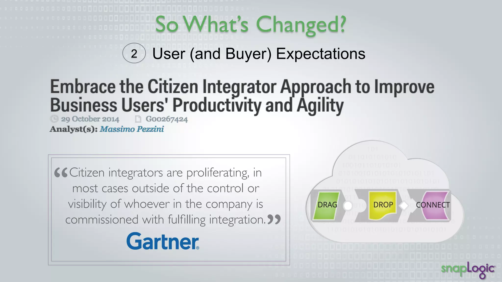 So What’s Changed? 
2 User (and Buyer) Expectations 
Citizen integrators are proliferating, 
in most cases outside of the control 
or visibility of whoever in the 
company is commissioned with 
fulfilling integration. 
 