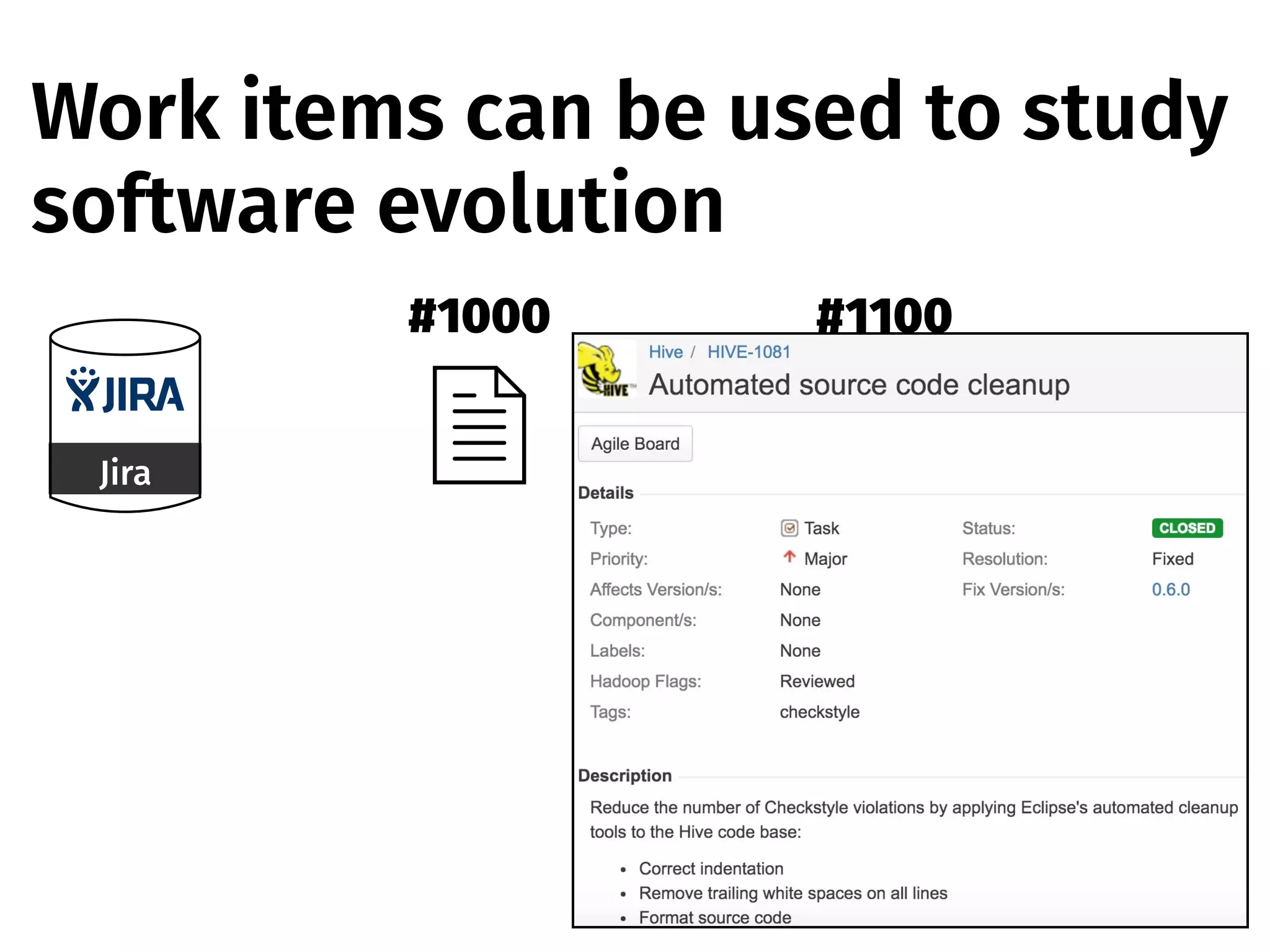 Jira
#1000 #1100
Work items can be used to study
software evolution
7
 
