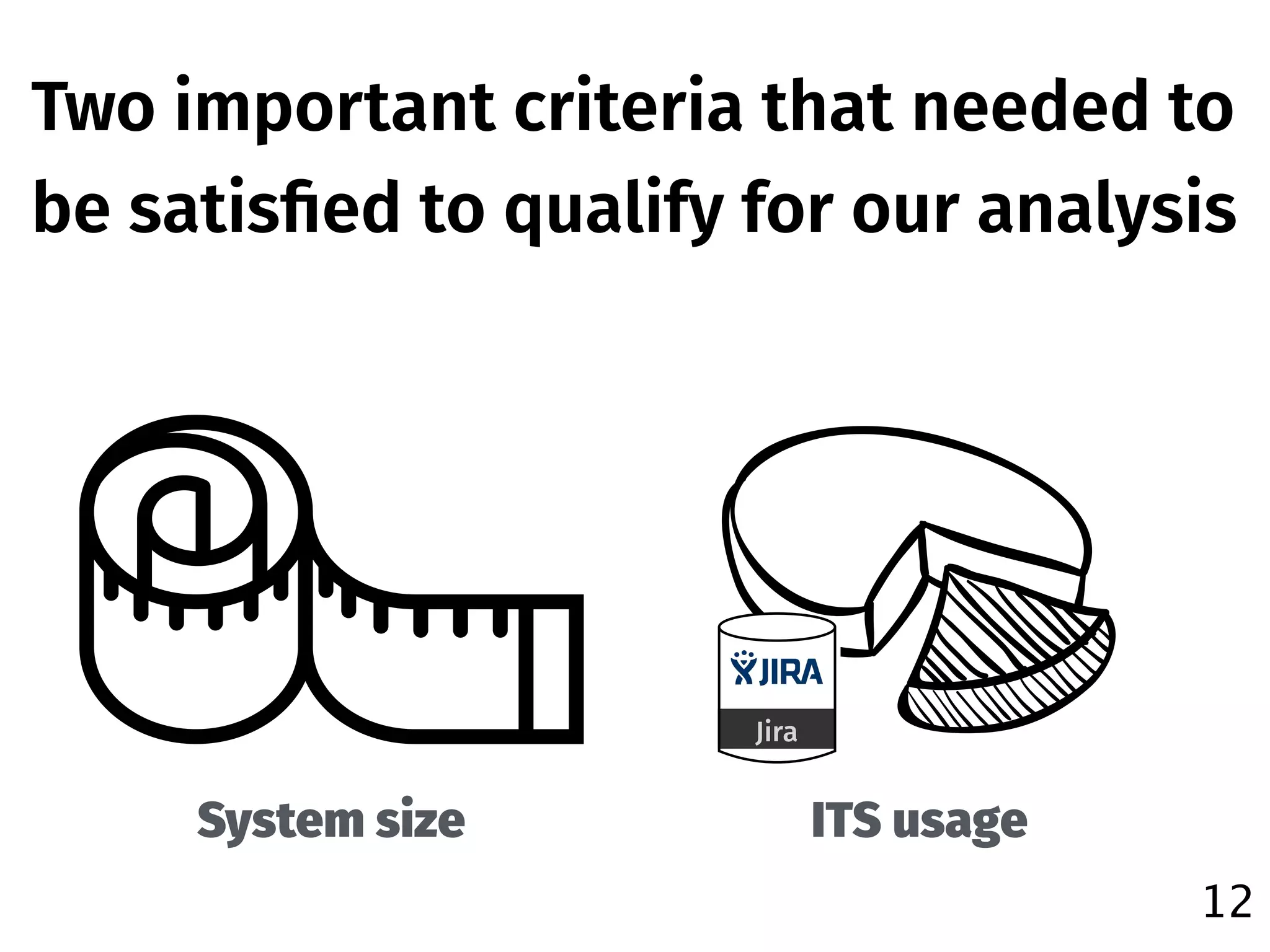 12
System size ITS usage
Two important criteria that needed to
be satisﬁed to qualify for our analysis
Jira
 