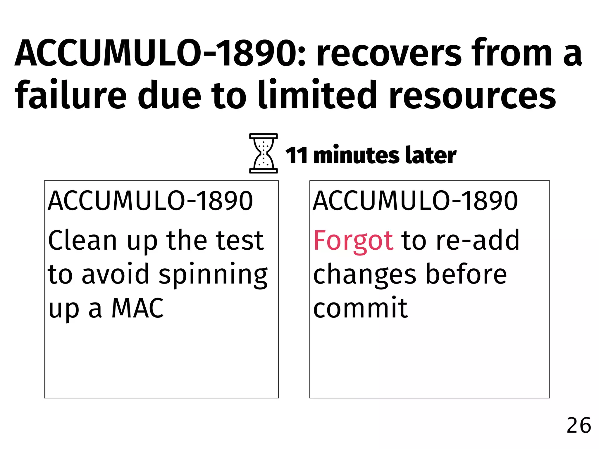 ACCUMULO-1890
Clean up the test
to avoid spinning
up a MAC
26
ACCUMULO-1890
Forgot to re-add
changes before
commit
11 minutes later
ACCUMULO-1890: recovers from a
failure due to limited resources
 
