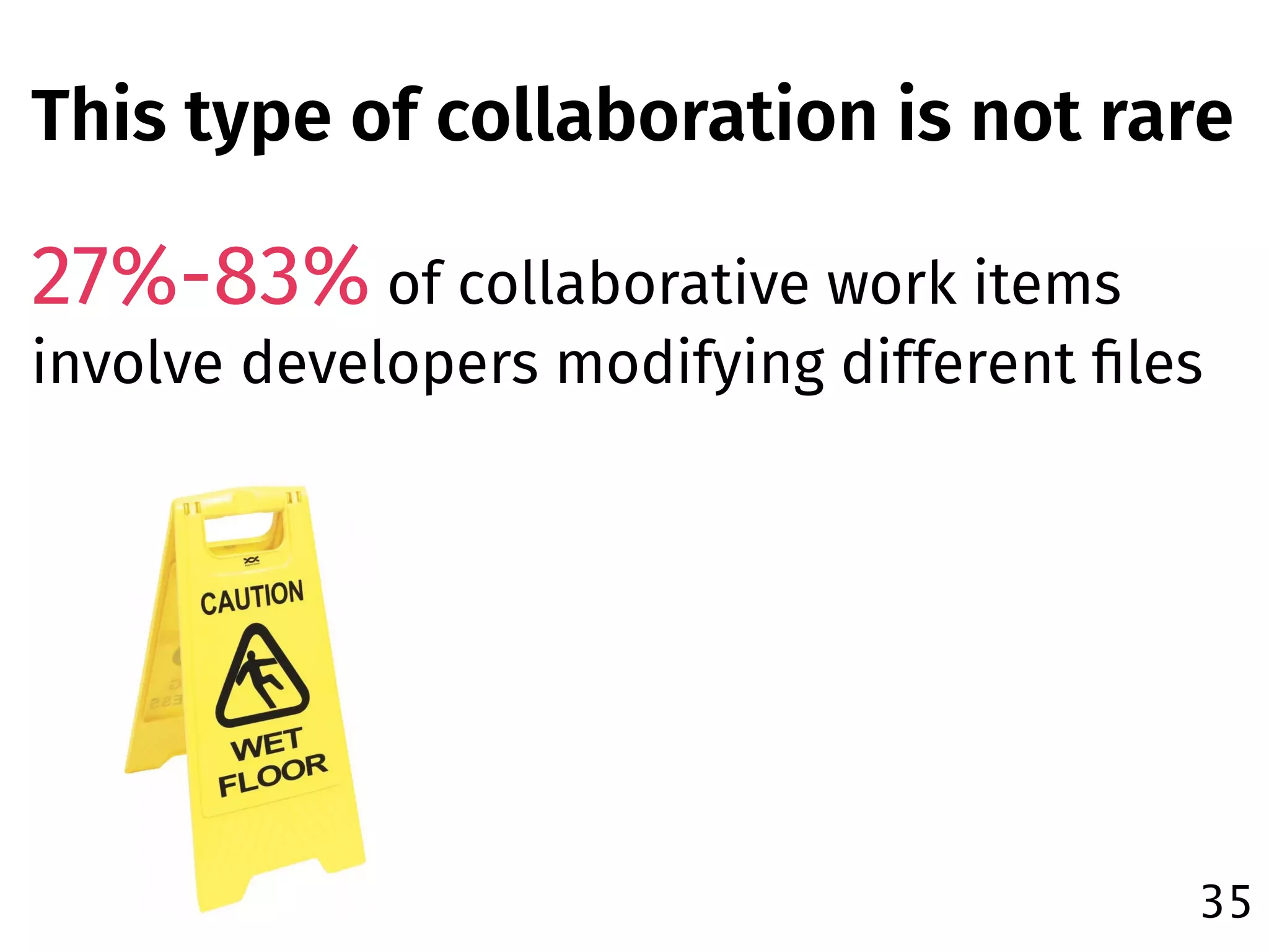 This type of collaboration is not rare
27%-83% of collaborative work items
involve developers modifying different ﬁles
35
 