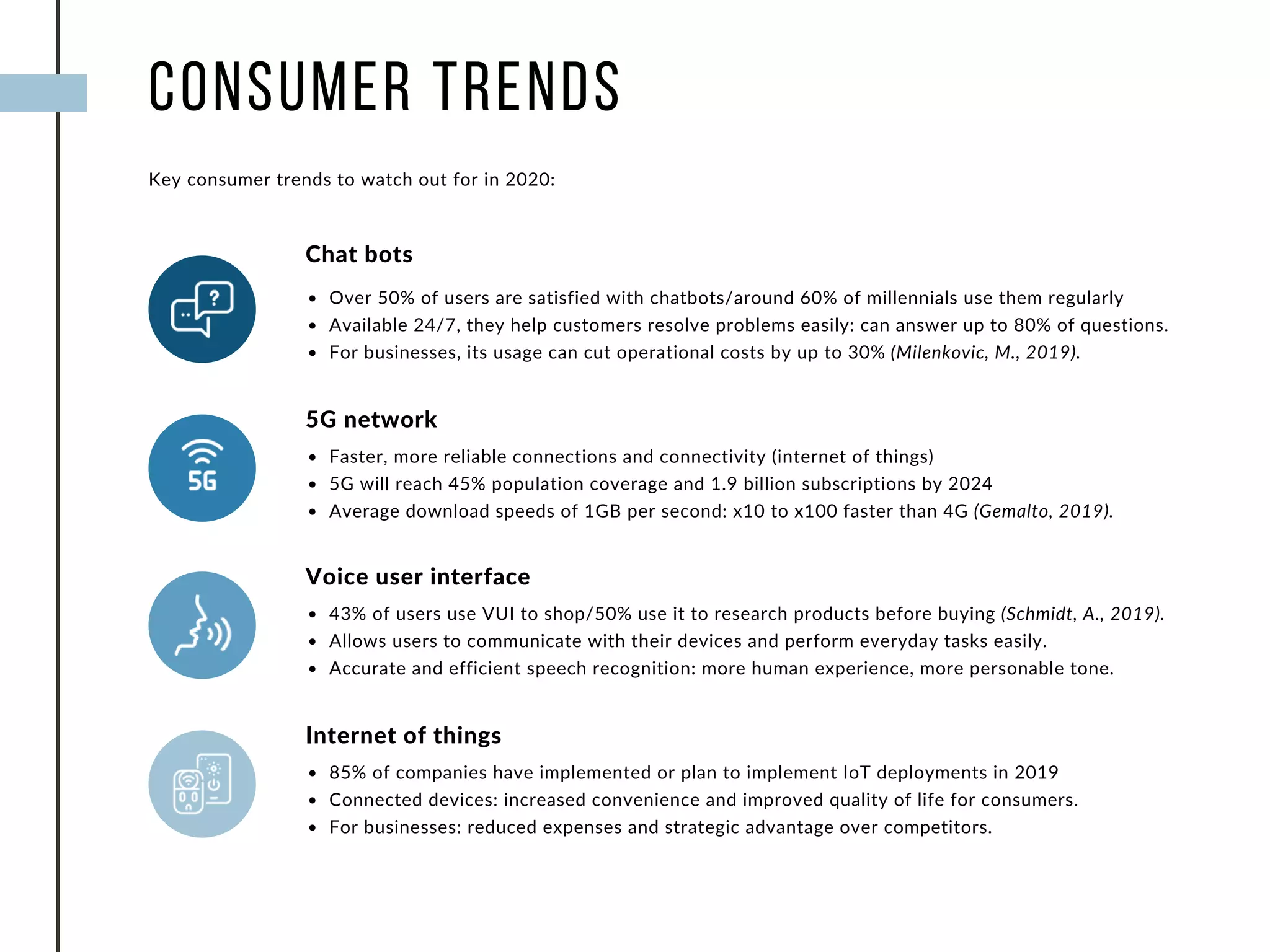 CONSUMER TRENDS
Key consumer trends to watch out for in 2020:
Chat bots
Over 50% of users are satisfied with chatbots/around 60% of millennials use them regularly
Available 24/7, they help customers resolve problems easily: can answer up to 80% of questions.
For businesses, its usage can cut operational costs by up to 30% (Milenkovic, M., 2019).
5G network
Faster, more reliable connections and connectivity (internet of things)
5G will reach 45% population coverage and 1.9 billion subscriptions by 2024
Average download speeds of 1GB per second: x10 to x100 faster than 4G (Gemalto, 2019).
Voice user interface
43% of users use VUI to shop/50% use it to research products before buying (Schmidt, A., 2019).
Allows users to communicate with their devices and perform everyday tasks easily.
Accurate and efficient speech recognition: more human experience, more personable tone.
Internet of things
85% of companies have implemented or plan to implement IoT deployments in 2019
Connected devices: increased convenience and improved quality of life for consumers.
For businesses: reduced expenses and strategic advantage over competitors.
 