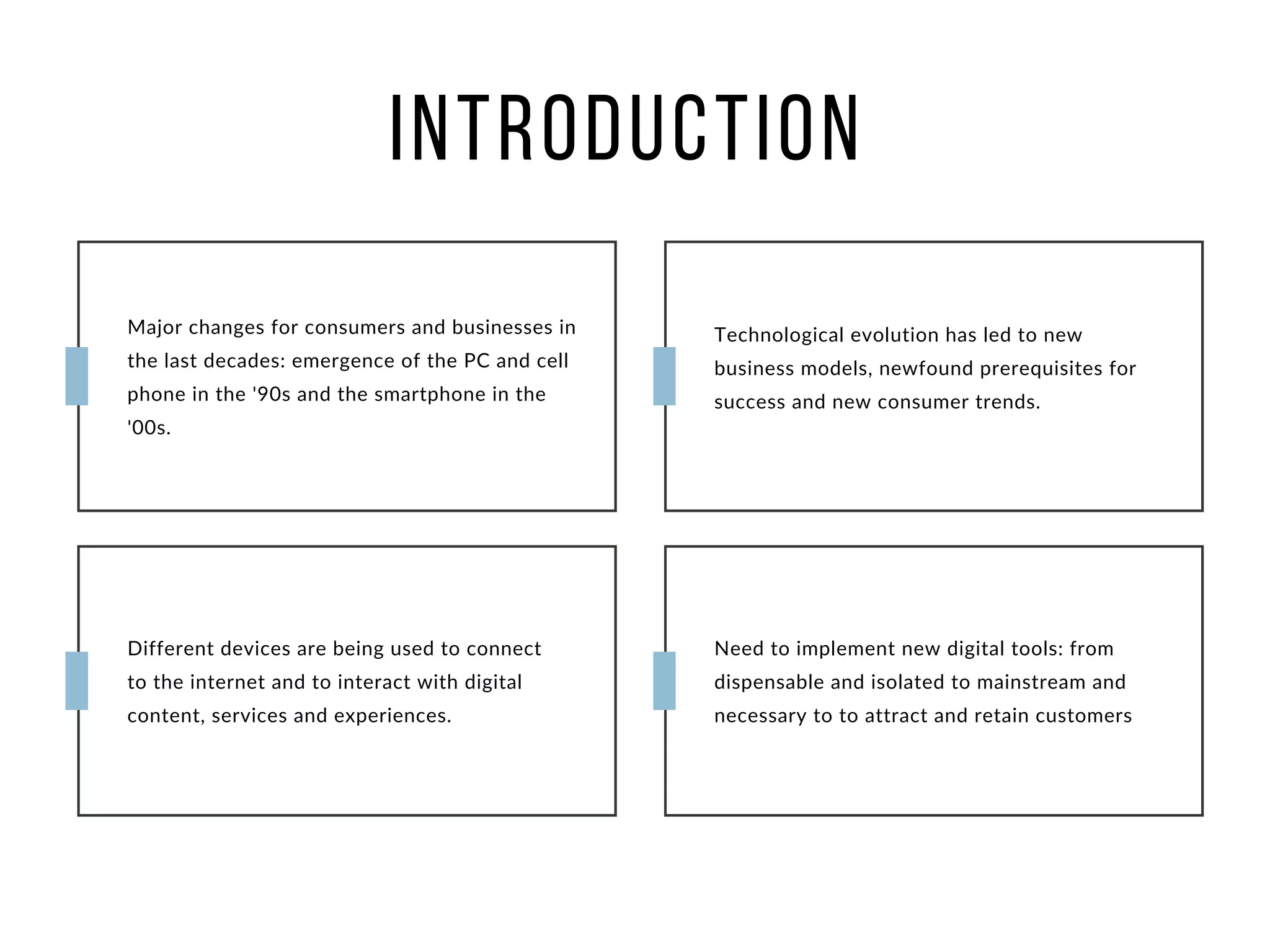 INTRODUCTION
Major changes for consumers and businesses in
the last decades: emergence of the PC and cell
phone in the '90s and the smartphone in the
'00s.
Technological evolution has led to new
business models, newfound prerequisites for
success and new consumer trends.
Different devices are being used to connect
to the internet and to interact with digital
content, services and experiences.
Need to implement new digital tools: from
dispensable and isolated to mainstream and
necessary to to attract and retain customers
 