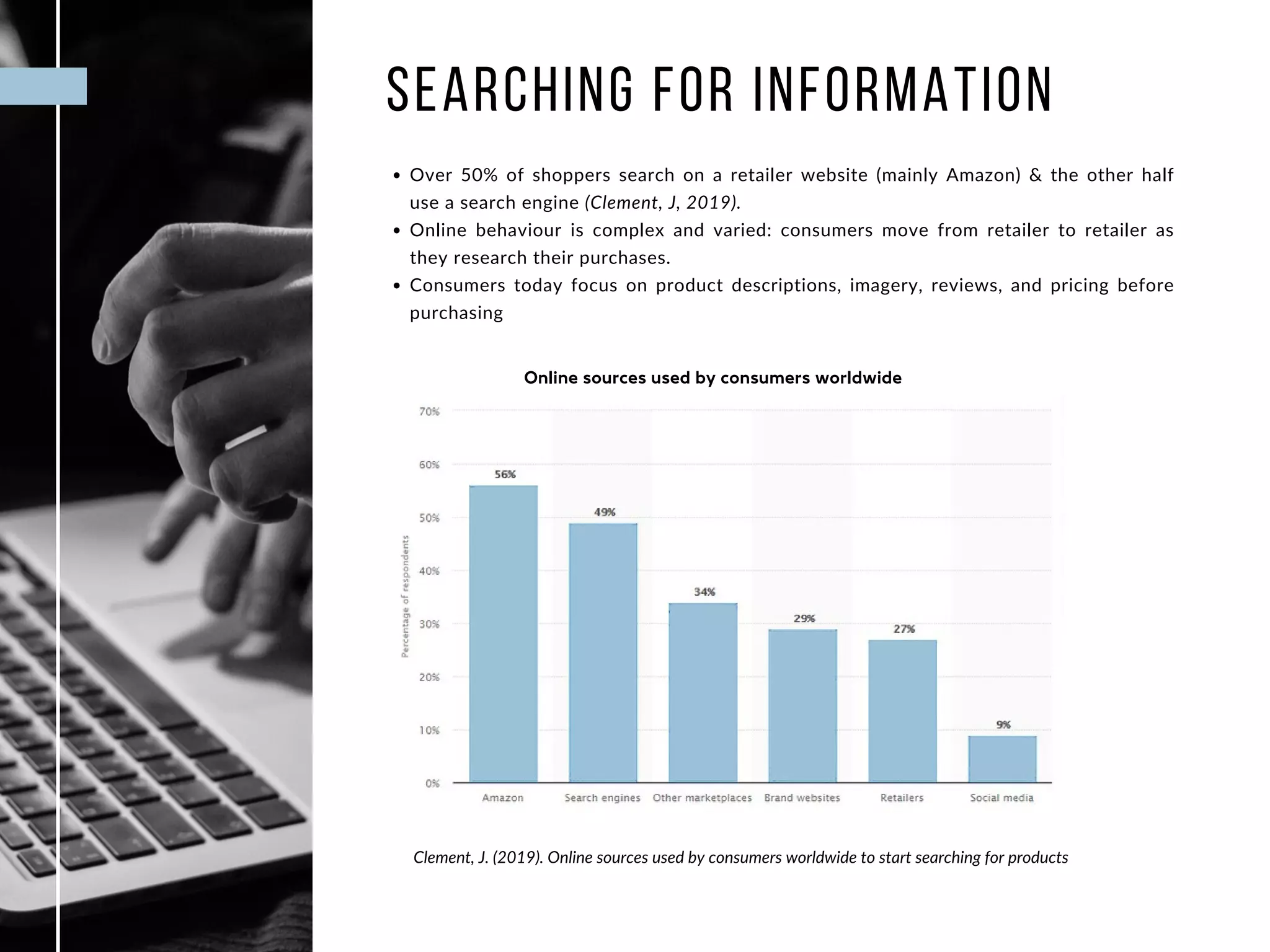 SEARCHING FOR INFORMATION
Over 50% of shoppers search on a retailer website (mainly Amazon) & the other half
use a search engine (Clement, J, 2019).
Online behaviour is complex and varied: consumers move from retailer to retailer as
they research their purchases.
Consumers today focus on product descriptions, imagery, reviews, and pricing before
purchasing
Clement, J. (2019). Online sources used by consumers worldwide to start searching for products
Online sources used by consumers worldwide
 