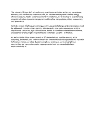 The Impact of the Internet of Things (IoT) on Smart Homes and Cities | PDF