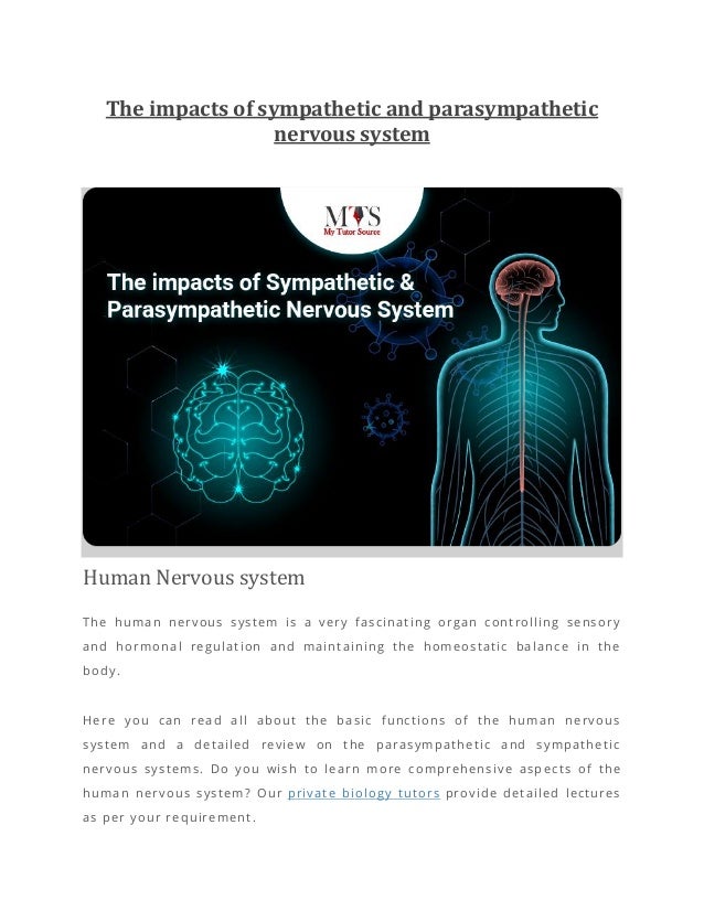 The impacts of sympathetic and parasympathetic
nervous system
Human Nervous system
The human nervous system is a very fascinating organ controlling sensory
and hormonal regulation and maintaining the homeostatic balance in the
body.
Here you can read all about the basic functions of the human nervous
system and a detailed review on the parasympathetic and sympathetic
nervous systems. Do you wish to learn more comprehensive asp ects of the
human nervous system? Our private biology tutors provide detailed lectures
as per your requirement.
 