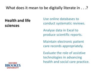 What does it mean to be digitally literate in . . .?
Use online databases to
conduct systematic reviews.
Analyse data in Excel to
produce scientific reports.
Maintain electronic patient
care records appropriately.
Evaluate the role of assistive
technologies in advancing
health and social care practice.
Health and life
sciences
 