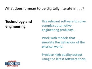 What does it mean to be digitally literate in . . .?
Use relevant software to solve
complex automotive
engineering problems.
Work with models that
simulate the behaviour of the
physical world.
Produce high quality output
using the latest software tools.
Technology and
engineering
 