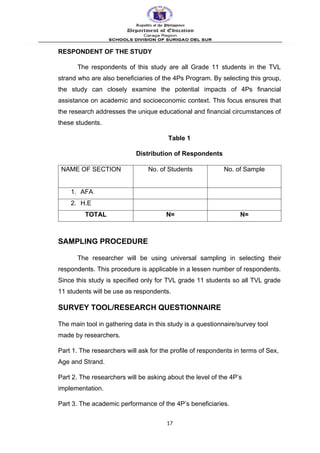 RESPONDENT OF THE STUDY
The respondents of this study are all Grade 11 students in the TVL
strand who are also beneficiaries of the 4Ps Program. By selecting this group,
the study can closely examine the potential impacts of 4Ps financial
assistance on academic and socioeconomic context. This focus ensures that
the research addresses the unique educational and financial circumstances of
these students.
Table 1
Distribution of Respondents
NAME OF SECTION No. of Students No. of Sample
1. AFA
2. H.E
TOTAL N= N=
SAMPLING PROCEDURE
The researcher will be using universal sampling in selecting their
respondents. This procedure is applicable in a lessen number of respondents.
Since this study is specified only for TVL grade 11 students so all TVL grade
11 students will be use as respondents.
SURVEY TOOL/RESEARCH QUESTIONNAIRE
The main tool in gathering data in this study is a questionnaire/survey tool
made by researchers.
Part 1. The researchers will ask for the profile of respondents in terms of Sex,
Age and Strand.
Part 2. The researchers will be asking about the level of the 4P’s
implementation.
Part 3. The academic performance of the 4P’s beneficiaries.
17
 