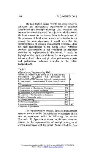 564 PAQ WINTER 2011
The next highest scores refer to the improvement of
efficiency and effectiveness, improvement of customer
satisfaction and strategic planning. Cost reduction and
improve accountability were the objectives which aroused
the least interest. As the human factor is the main cost in
the provision of local services and cost reduction is not
among the main objectives, it would seem that the
implementation of strategic management techniques does
not seek redundancies in the public sector. Although
improve accountability is not considered an important
objective by implementers in this survey, it should be
highlighted that eight out of the twelve local governments
interviewed make their strategic plans, performance reports
and performance indicators available to the public
(Appendix A).
Table 2
Objectives of implementing SMS
TO WHAT EXTENT DOES EACH OF THE FOLLOWING
OBJECTIVES INFLUENCE THE DECISION TO
IMPLEMENT A SMS? (response choices: 1= very great extent
2= great extent, 3= moderate extent, 4= some extent, 5= not at
all)
A B
A) Cost reduction 3.00 2.75
B) Improvement in efficiency and effectiveness 1.92
C) Improvement in customer satisfaction 1.92
D) Improvement in the decision-making process 2.08
E) Alignment of the organization to its mission 2.08
F) Setting of meaningful goals 1.83
G) Strategic planning 1.92
H) Better resource allocation 2.17
I) Improve accountability 2.42 2.42
A. First round, B. Second round
The implementation process. Strategic management
systems are initiated by the politicians or managers of the
area or department which is delivering the service
(Appendix A). Appendix A shows that the most common
reasons for the implementation of strategic management
were to experiment with the model (Austin, Charlotte, San
This content downloaded from 203.135.62.20 on Sun, 08 Mar 2015 17:58:13 UTC
All use subject to JSTOR Terms and Conditions
 