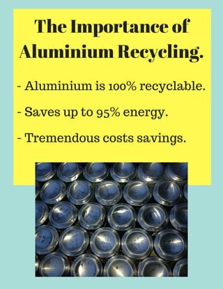 The Importance of
Aluminium Recycling.
- Aluminium is 100% recyclable.
- Saves up to 95% energy.
- Tremendous costs savings.
 
