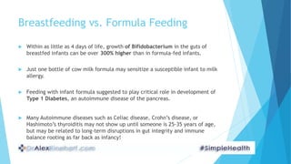 Breastfeeding vs. Formula Feeding
 Within as little as 4 days of life, growth of Bifidobacterium in the guts of
breastfed...