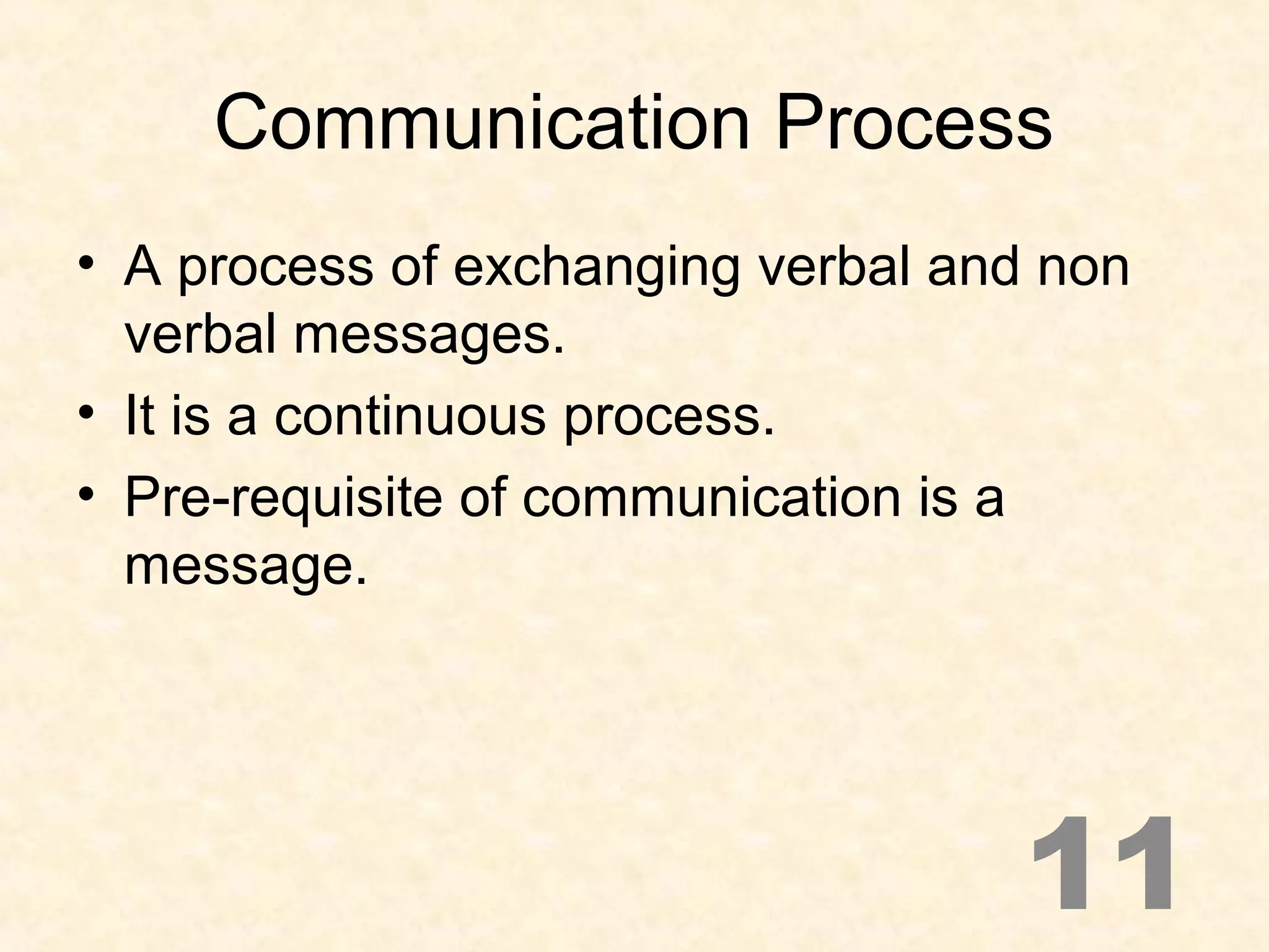 Communication Process
• A process of exchanging verbal and non
verbal messages.
• It is a continuous process.
• Pre-requisite of communication is a
message.
11
 