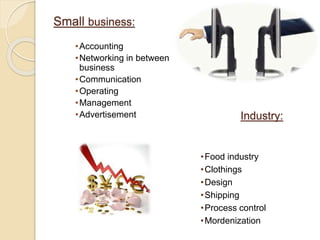 Small business:
•Accounting
•Networking in between
business
•Communication
•Operating
•Management
•Advertisement Industry:...
