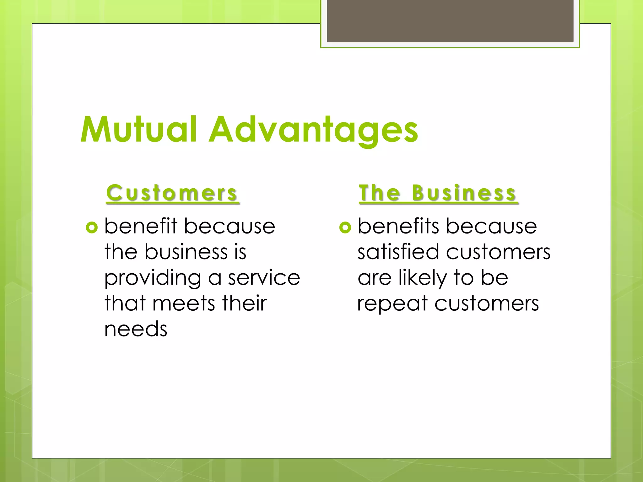 Mutual Advantages 
Customers 
 benefit because 
the business is 
providing a service 
that meets their 
needs 
The Bus ines s 
 benefits because 
satisfied customers 
are likely to be 
repeat customers 
 