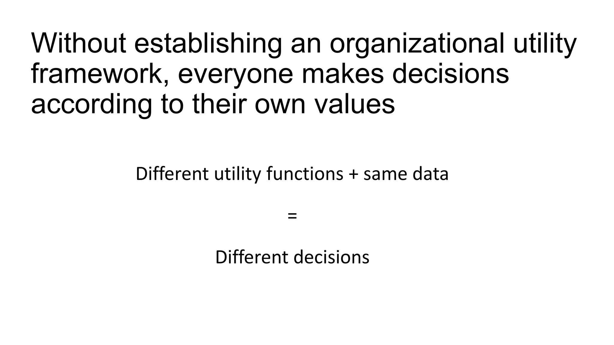 Without establishing an organizational utility
framework, everyone makes decisions
according to their own values
Different utility functions + same data
=
Different decisions
 