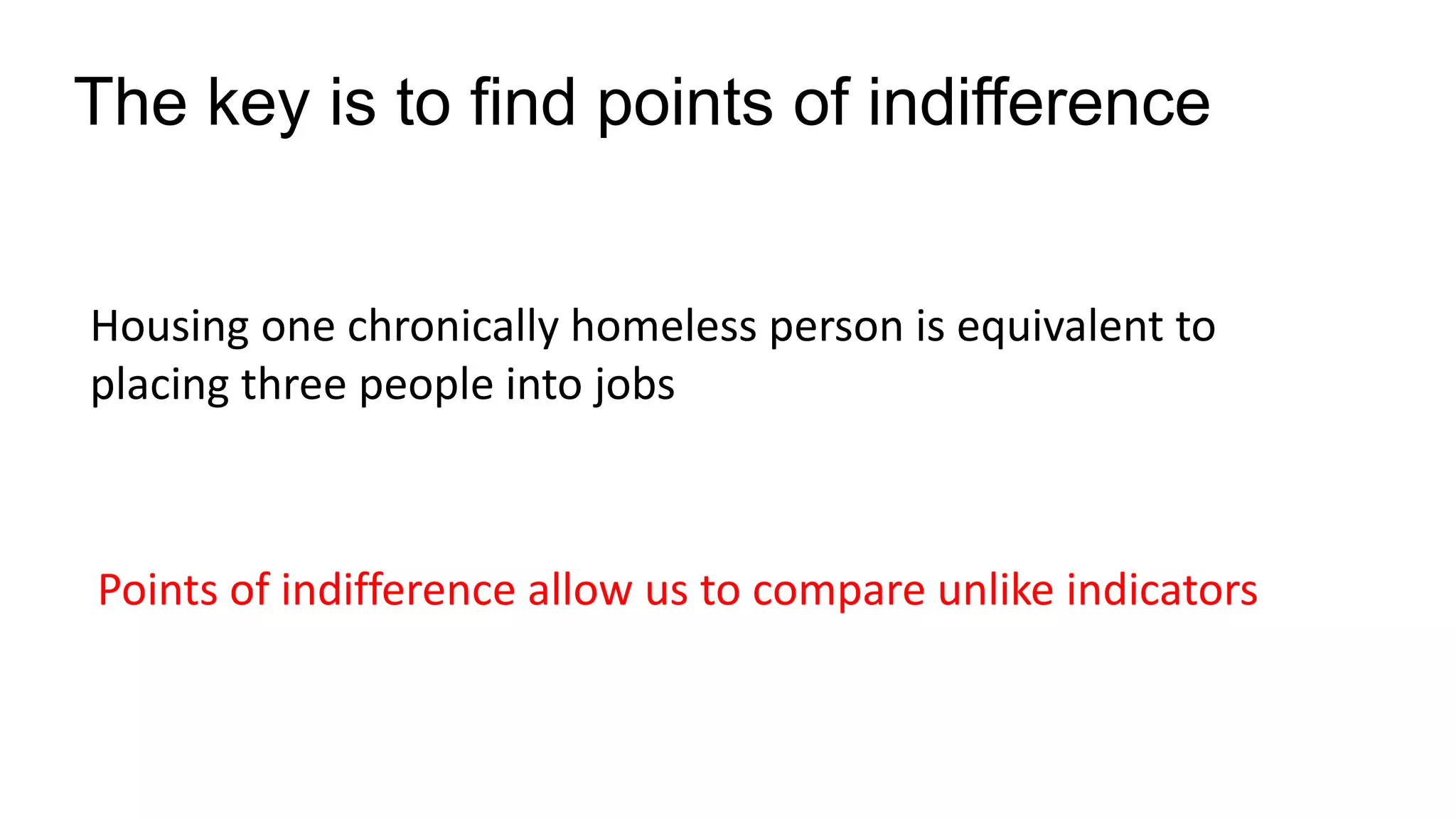 The key is to find points of indifference
Housing one chronically homeless person is equivalent to
placing three people into jobs
Points of indifference allow us to compare unlike indicators
 