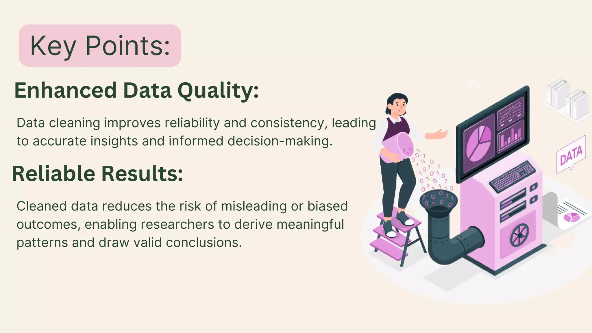 Data cleaning improves reliability and consistency, leading
to accurate insights and informed decision-making.
Key Points:
Enhanced Data Quality:
Reliable Results:
Cleaned data reduces the risk of misleading or biased
outcomes, enabling researchers to derive meaningful
patterns and draw valid conclusions.
 