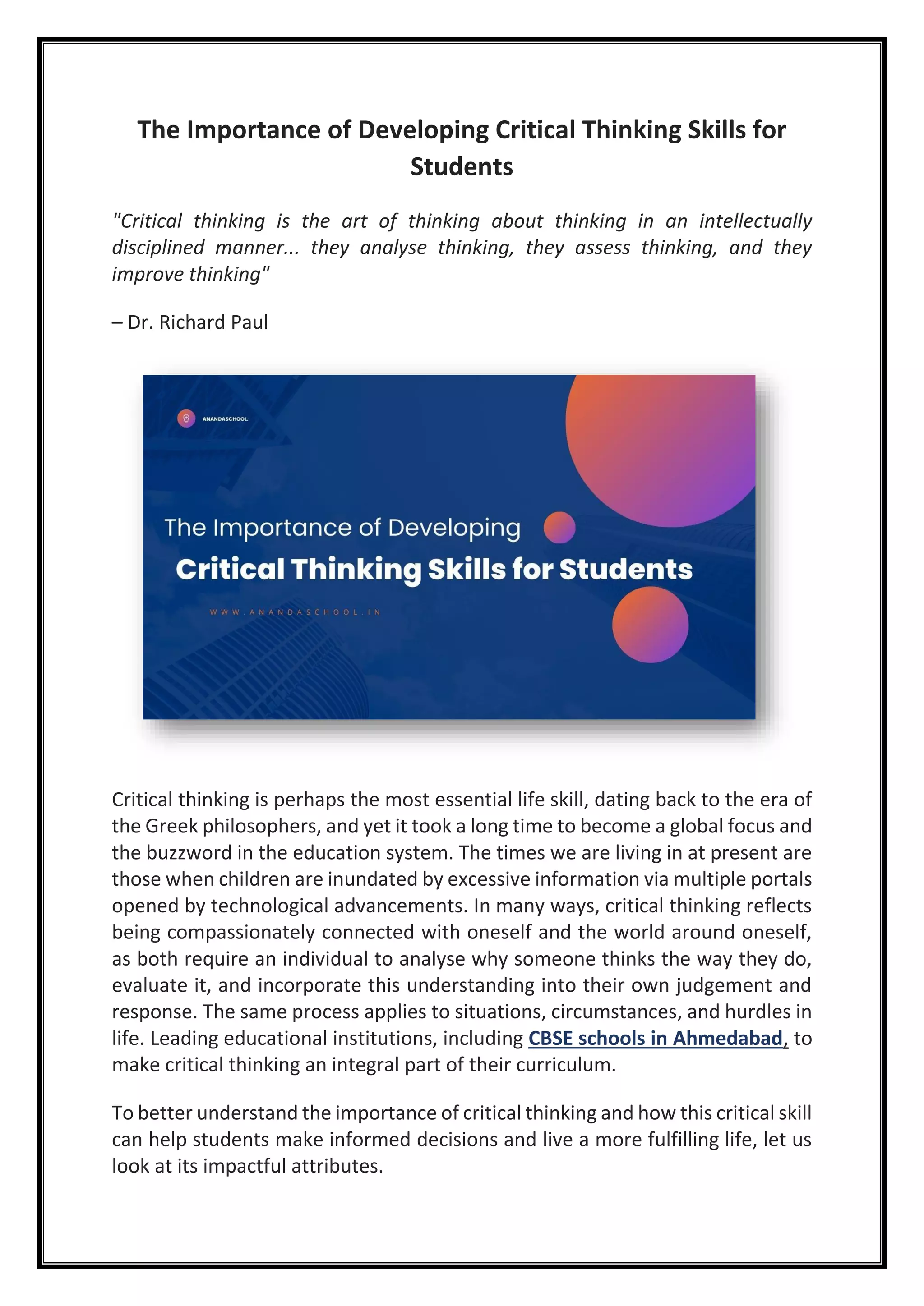 Developing Critical Thinking Skills Book The Importance of Developing Critical Thinking Skills for Students | PDF