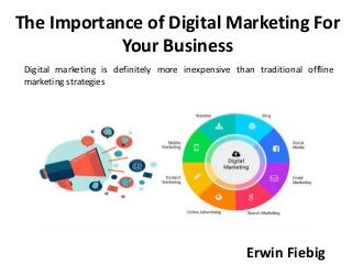 The Importance of Digital Marketing For
Your Business
Digital marketing is definitely more inexpensive than traditional offline
marketing strategies
Erwin Fiebig
 