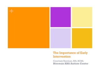 +




    The Importance of Early
    Intervention
    Courtney Bierman, MA, BCBA
    Bierman ABA Autism Center
 