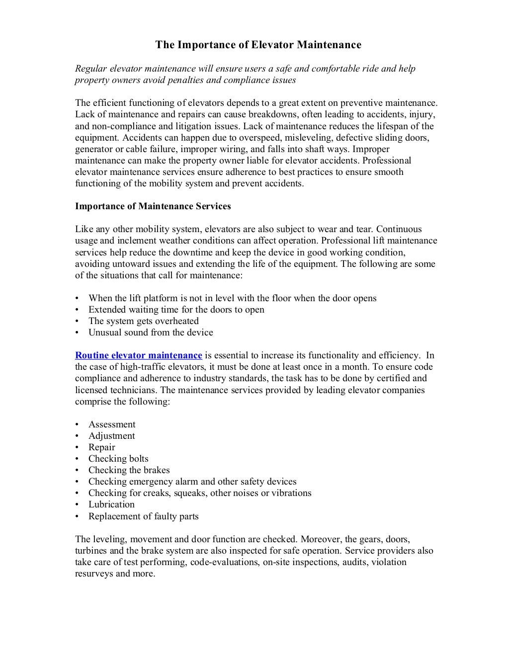 The Importance Of Elevator Maintenance