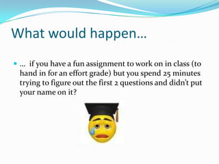 What would happen…… if you have a fun assignment to work on in class (to hand in for an effort grade) but you spend 25 minutes trying to figure out the first 2 questions and didn’t put your name on it?