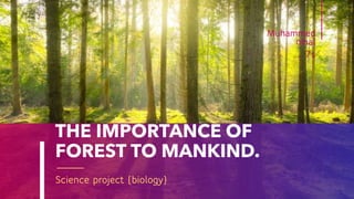 THE IMPORTANCE OF
FOREST TO MANKIND.
Science project {biology}
Muhammed
nihal
7s
 