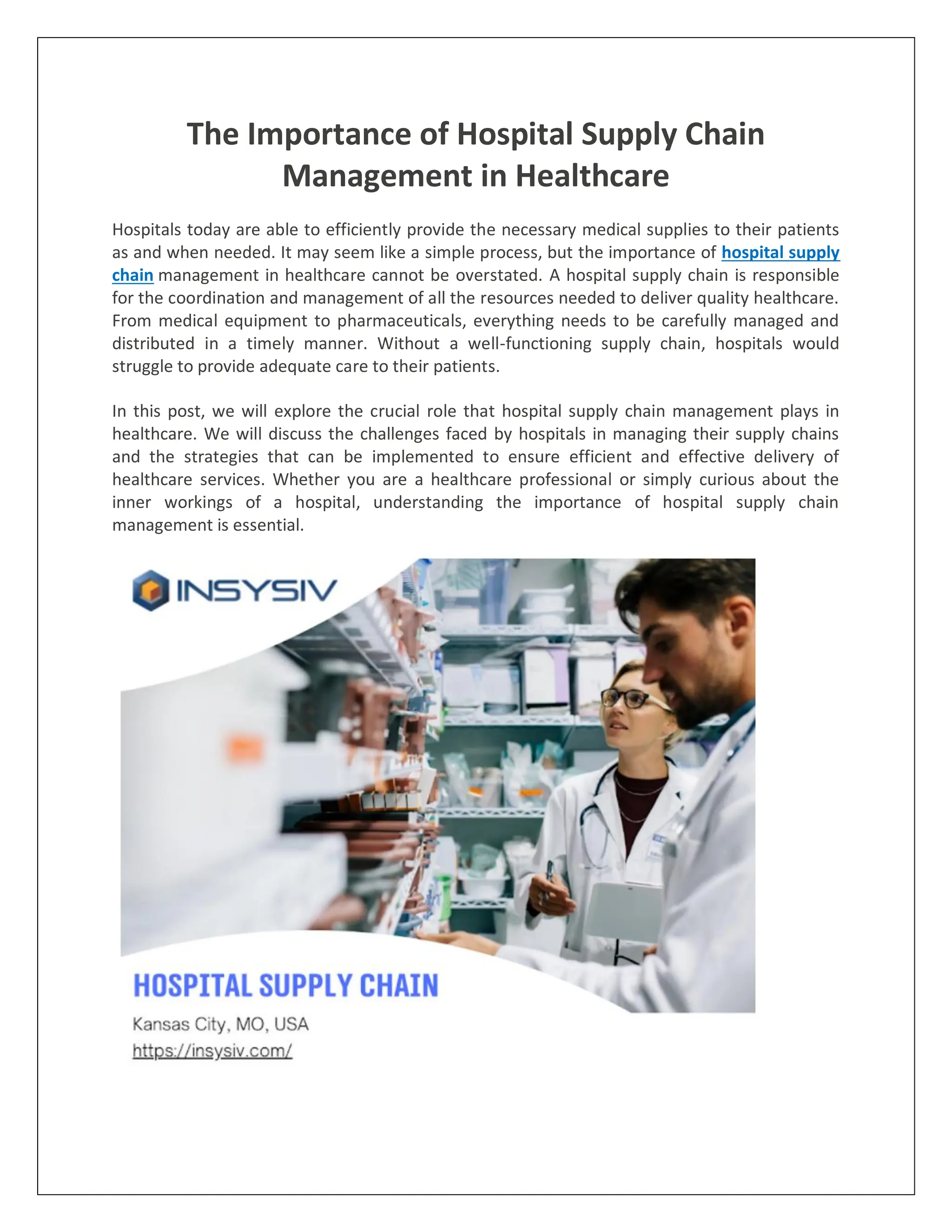The Importance of Hospital Supply Chain Management in Healthcare | PDF