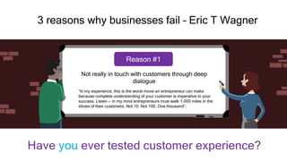 3 reasons why businesses fail – Eric T Wagner
Not really in touch with customers through deep
dialogue
“In my experience, this is the worst move an entrepreneur can make
because complete understanding of your customer is imperative to your
success. Listen -- in my mind entrepreneurs must walk 1,000 miles in the
shoes of their customers. Not 10. Not 100. One thousand”.
Reason #1
 