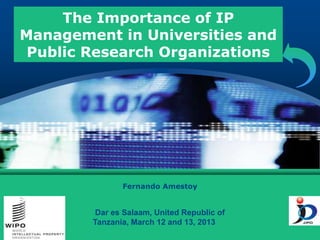 The Importance of IP
Management in Universities and
Public Research Organizations

LOGO

Fernando Amestoy

Dar es Salaam, United Republic of
Tanzania, March 12 and 13, 2013

 